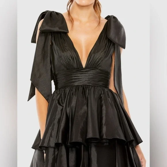 Black Oversized Bow Deep V Ruffle Mini Dress - Picture 5 of 9